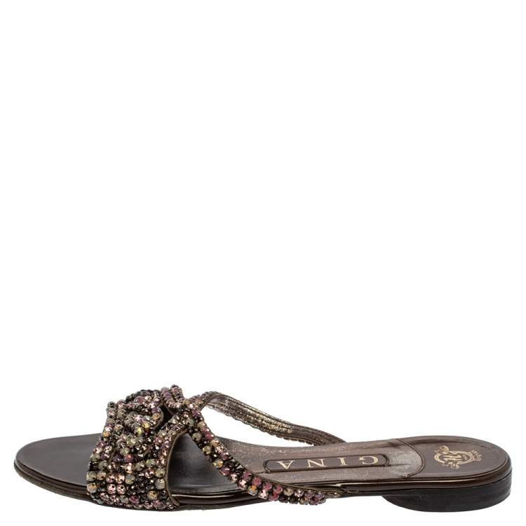 Pre Owned Gina Brown Patent Leather Crystal Embellished Flat Slides Size 37