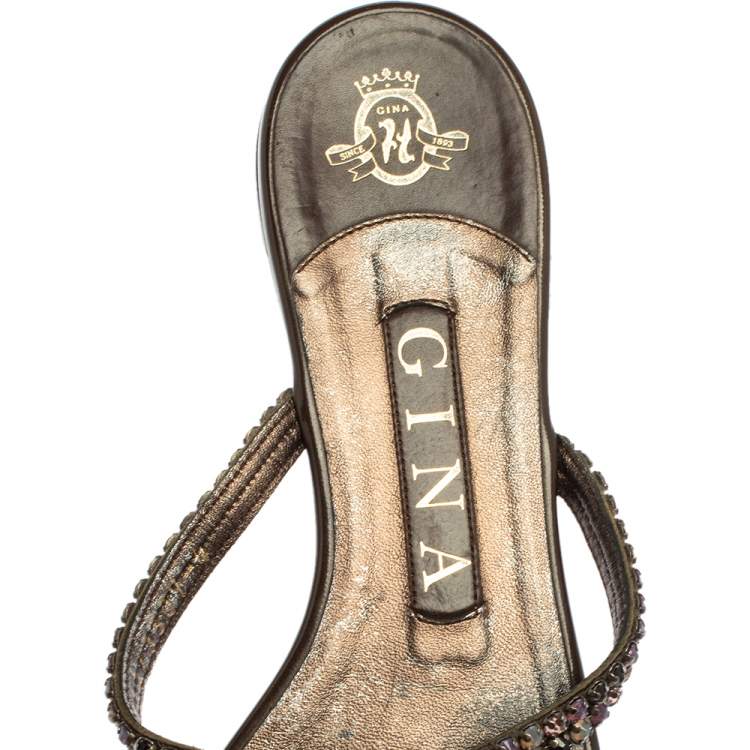 Pre Owned Gina Brown Patent Leather Crystal Embellished Flat Slides Size 37