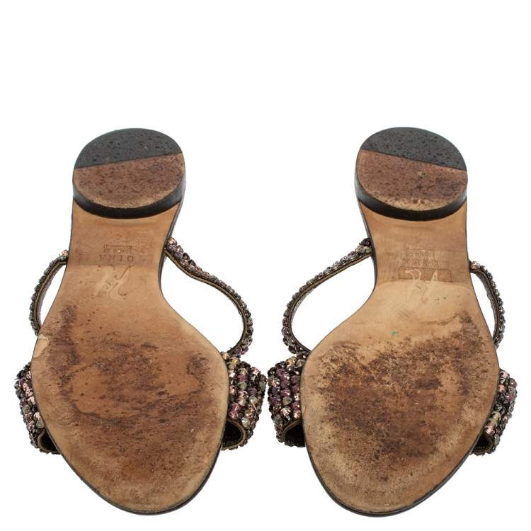 Pre Owned Gina Brown Patent Leather Crystal Embellished Flat Slides Size 37