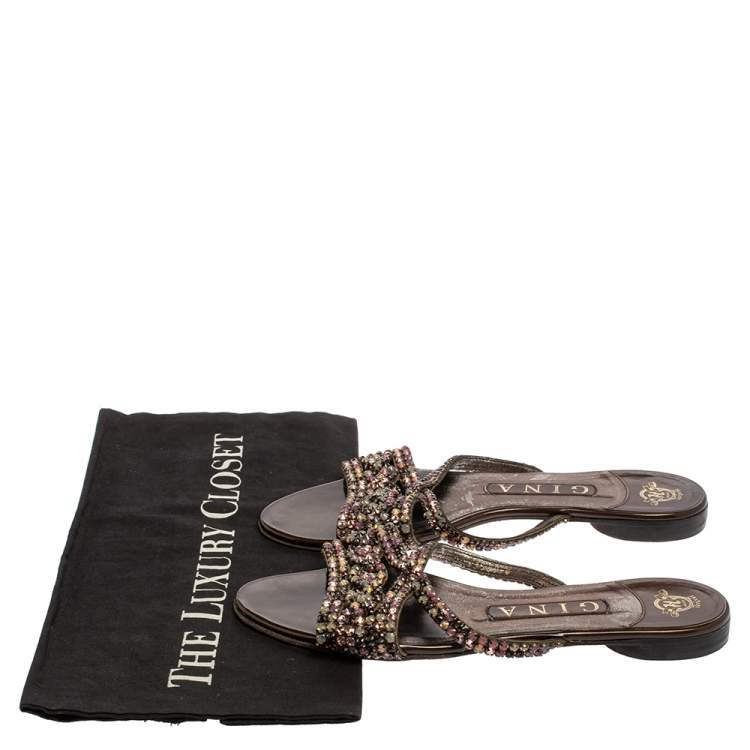 Pre Owned Gina Brown Patent Leather Crystal Embellished Flat Slides Size 37