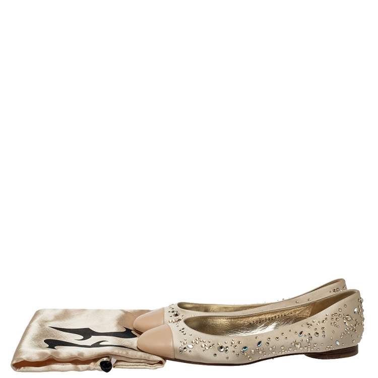 Pre Owned Gina Beige Satin And Leather Crystal Embellished Ballet Flats Size 39.5