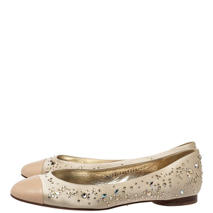 Pre Owned Gina Beige Satin And Leather Crystal Embellished Ballet Flats Size 39.5