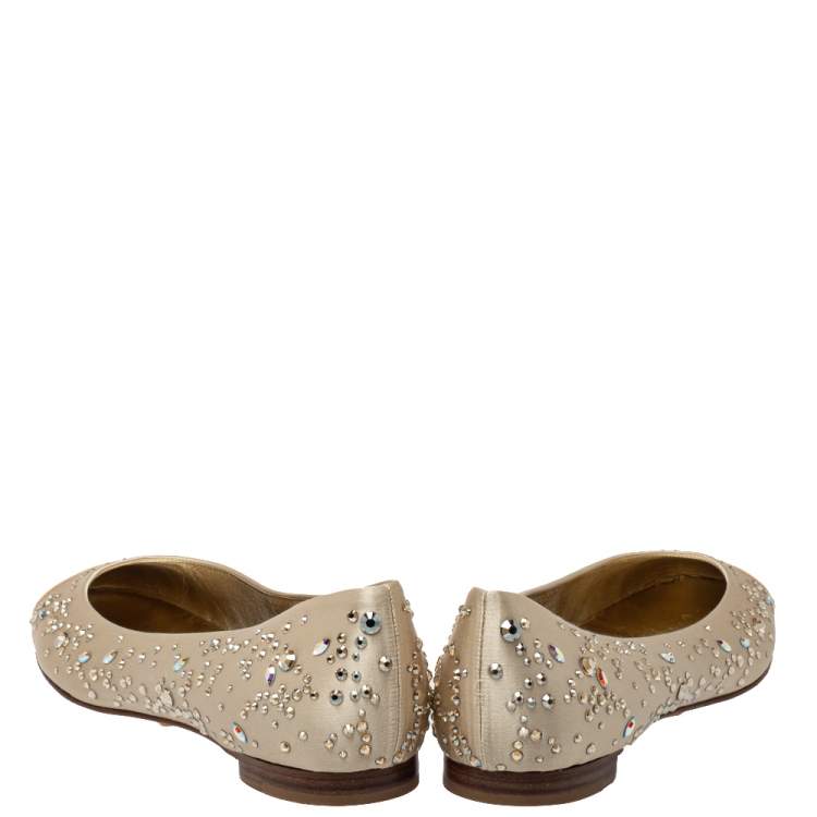 Pre Owned Gina Beige Satin And Leather Crystal Embellished Ballet Flats Size 39.5