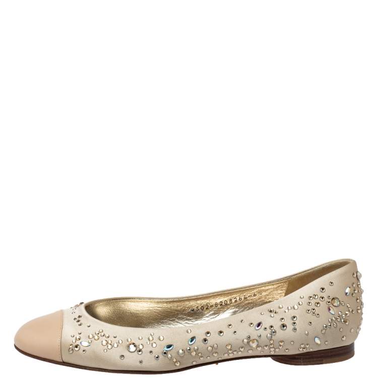 Pre Owned Gina Beige Satin And Leather Crystal Embellished Ballet Flats Size 39.5