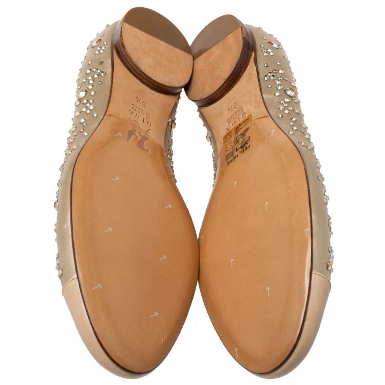 Pre Owned Gina Beige Satin And Leather Crystal Embellished Ballet Flats Size 39.5