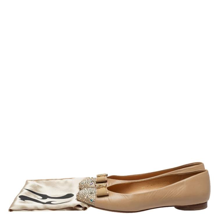 Pre Owned Gina Beige Suede And Leather Crystal Embellished Ballet Flats Size 39.5