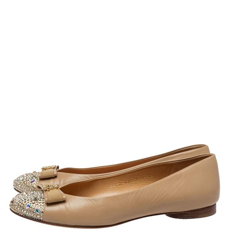 Pre Owned Gina Beige Suede And Leather Crystal Embellished Ballet Flats Size 39.5