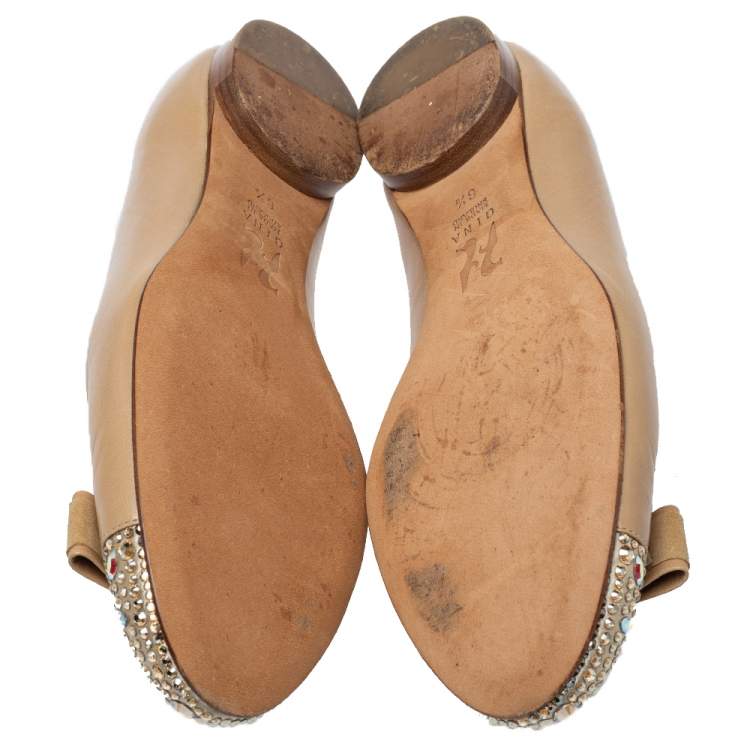 Pre Owned Gina Beige Suede And Leather Crystal Embellished Ballet Flats Size 39.5