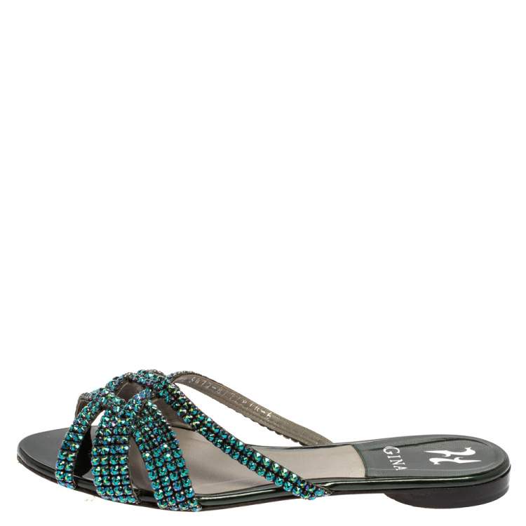 Pre Owned Gina Green Leather Olson Crystal Embellished Flats Size 39