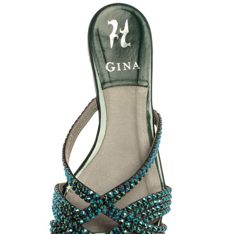 Pre Owned Gina Green Leather Olson Crystal Embellished Flats Size 39