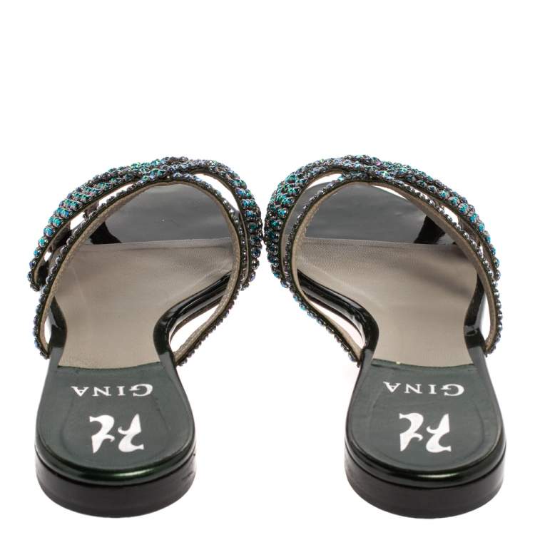 Pre Owned Gina Green Leather Olson Crystal Embellished Flats Size 39