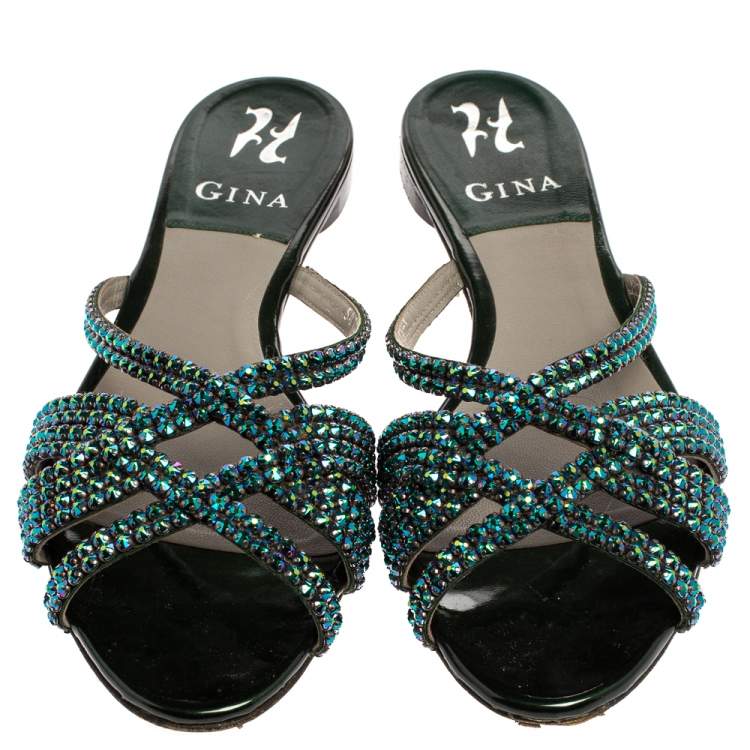 Pre Owned Gina Green Leather Olson Crystal Embellished Flats Size 39