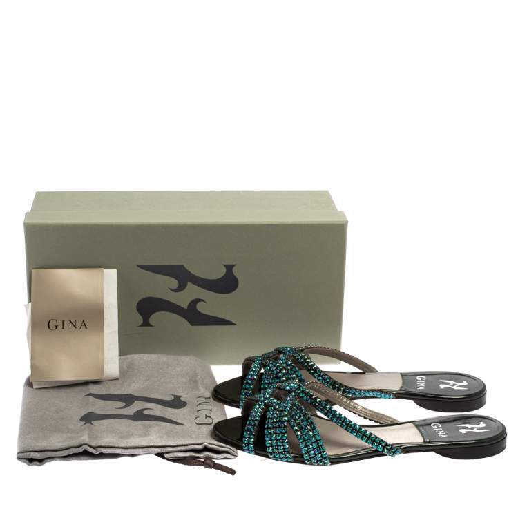 Pre Owned Gina Green Leather Olson Crystal Embellished Flats Size 39