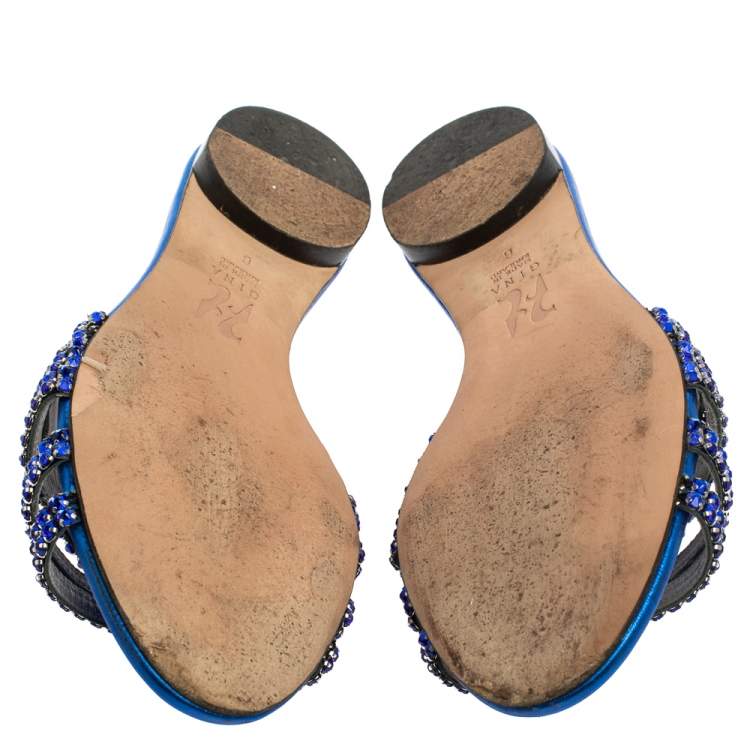 Pre Owned Gina Blue Leather Crystal Embellished Leather Flat Slides Size 39
