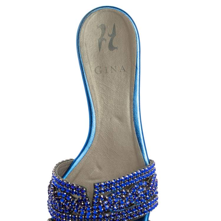 Pre Owned Gina Blue Leather Crystal Embellished Leather Flat Slides Size 39