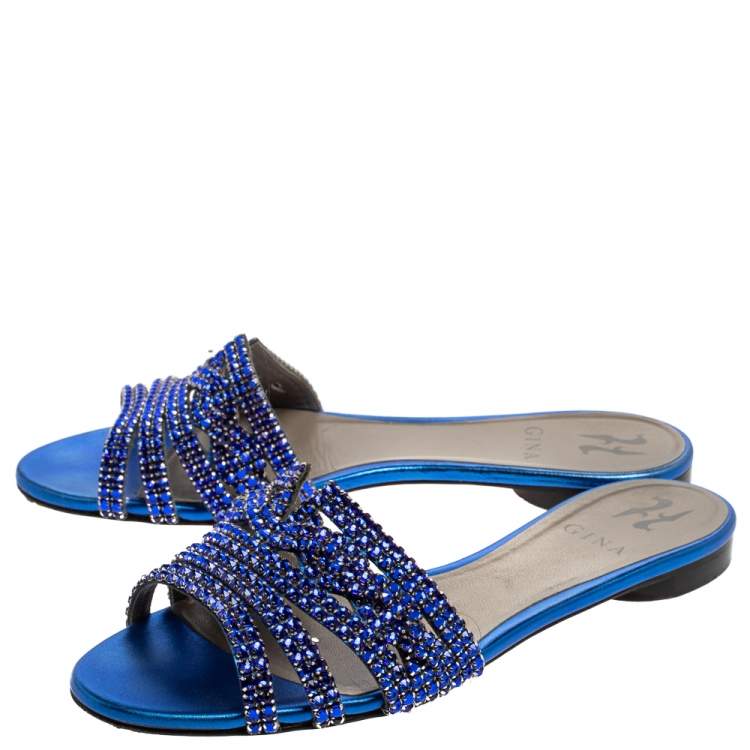Pre Owned Gina Blue Leather Crystal Embellished Leather Flat Slides Size 39