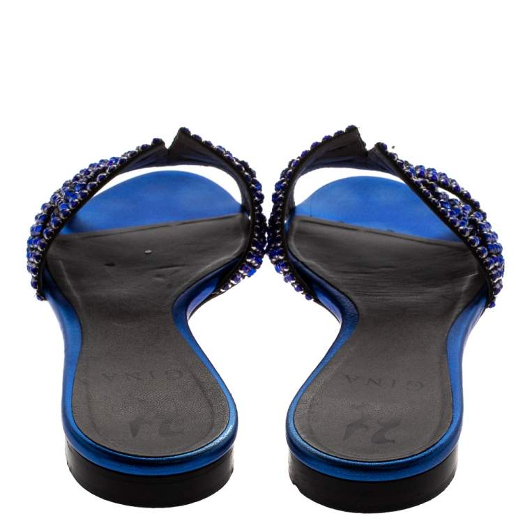 Pre Owned Gina Blue Leather Crystal Embellished Leather Flat Slides Size 39
