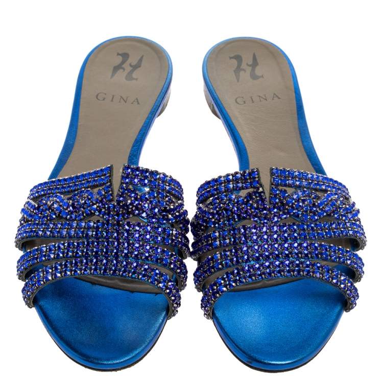Pre Owned Gina Blue Leather Crystal Embellished Leather Flat Slides Size 39