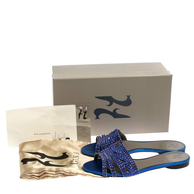 Pre Owned Gina Blue Leather Crystal Embellished Leather Flat Slides Size 39