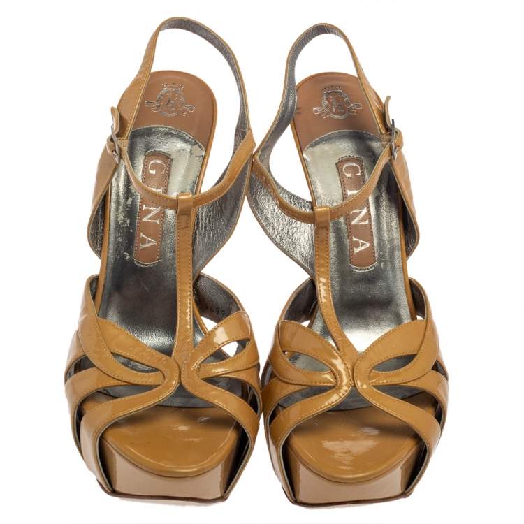 Pre Owned Gina Beige Patent Leather Strappy Platform Sandals Size 39