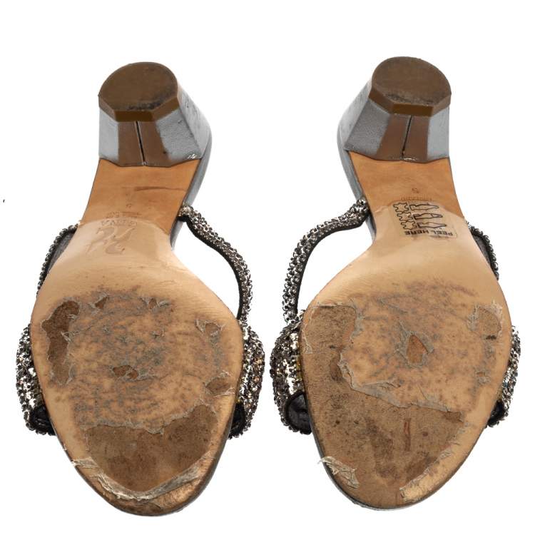 Pre Owned Gina Silver Leather Crystal Embellished Sandals Size 38