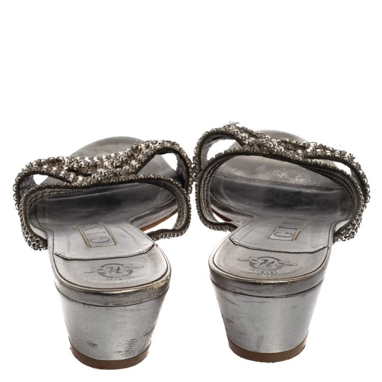 Pre Owned Gina Silver Leather Crystal Embellished Sandals Size 38