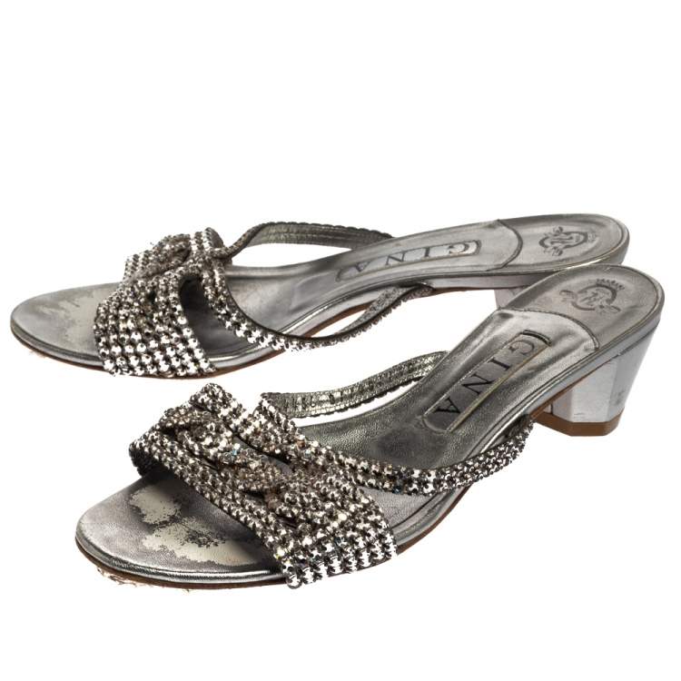 Pre Owned Gina Silver Leather Crystal Embellished Sandals Size 38