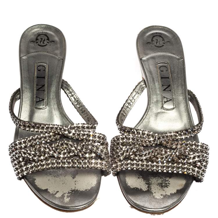 Pre Owned Gina Silver Leather Crystal Embellished Sandals Size 38