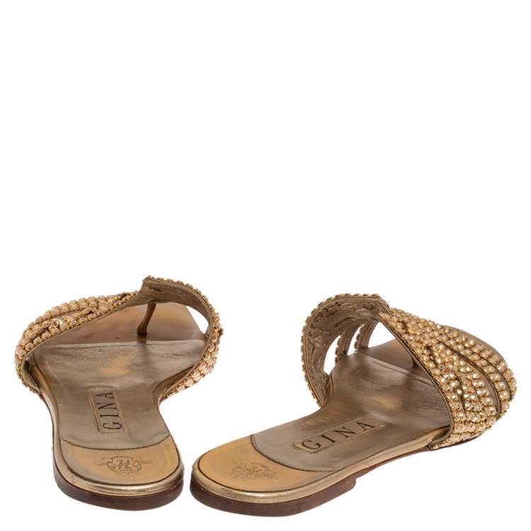 Pre Owned Gina Gold Leather Athena Crystal Embellished Flat Slides Size 38