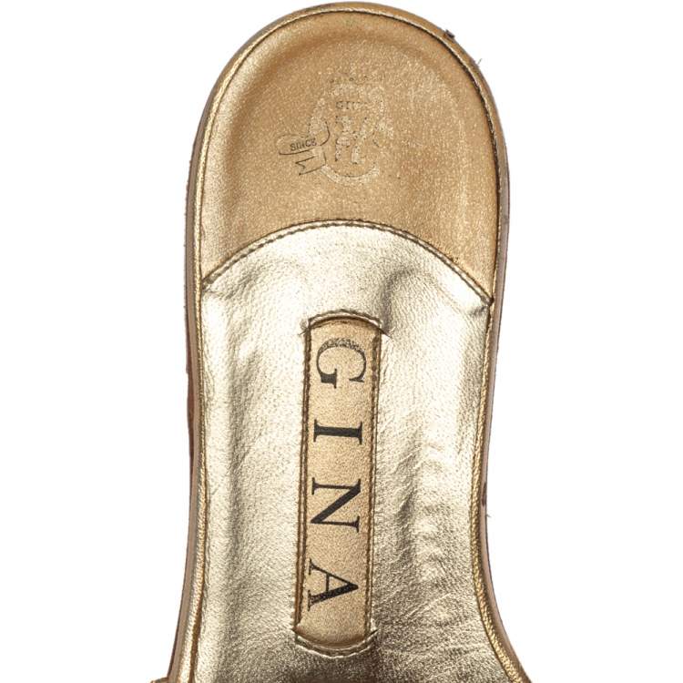 Pre Owned Gina Gold Leather Athena Crystal Embellished Flat Slides Size 38