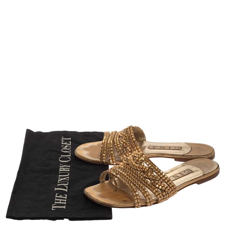 Pre Owned Gina Gold Leather Athena Crystal Embellished Flat Slides Size 38