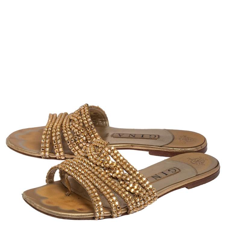 Pre Owned Gina Gold Leather Athena Crystal Embellished Flat Slides Size 38
