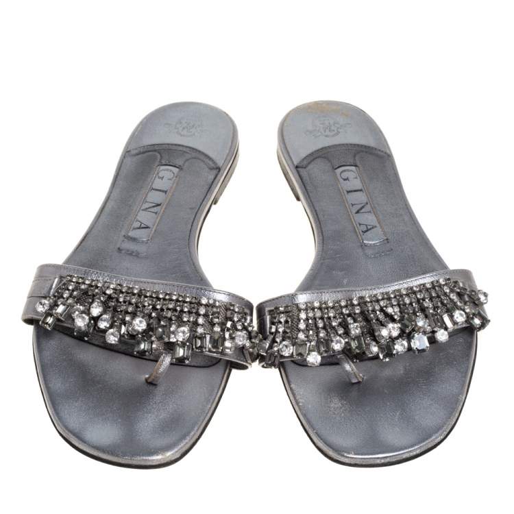 Pre Owned Gina Grey Leather Crystal Embellished Thong Flat Slides Size 38.5