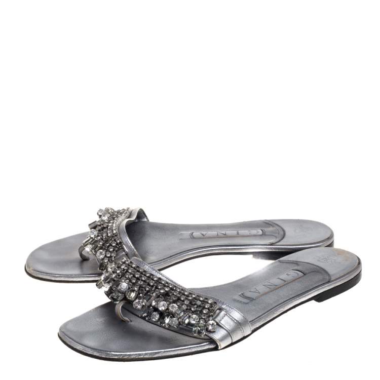 Gina Grey Leather Crystal Embellished Thong Flat Slides Size 38.5