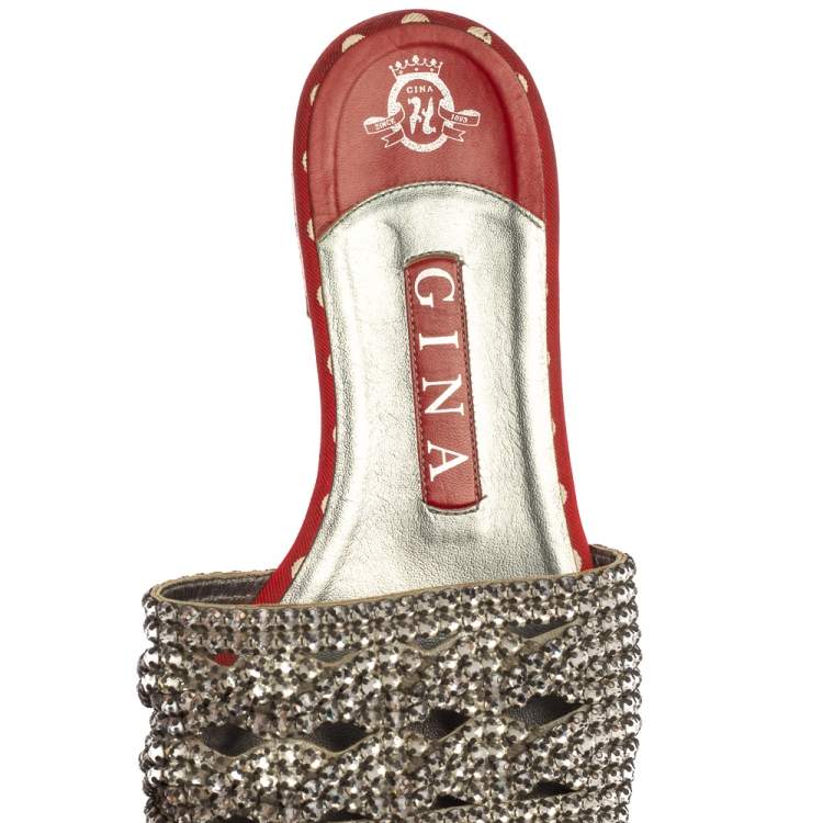 Pre Owned Gina Red Crystal Embellished Flats Sandals Size 38.5