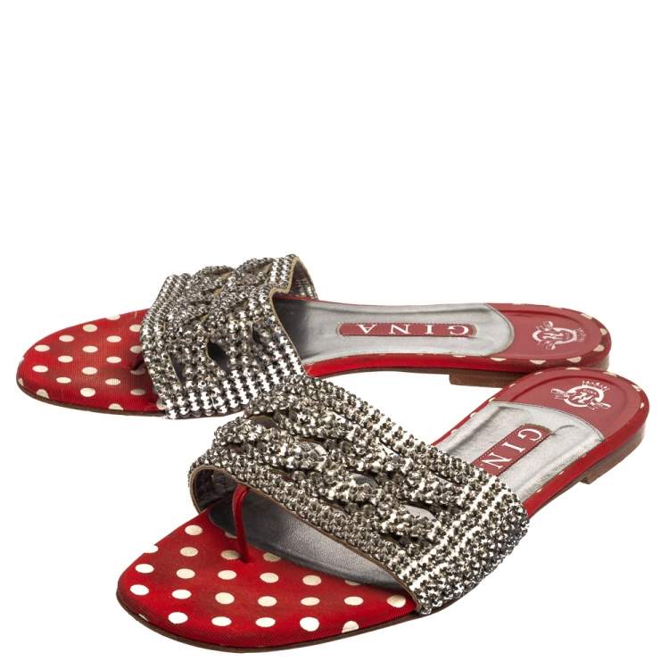 Pre Owned Gina Red Crystal Embellished Flats Sandals Size 38.5