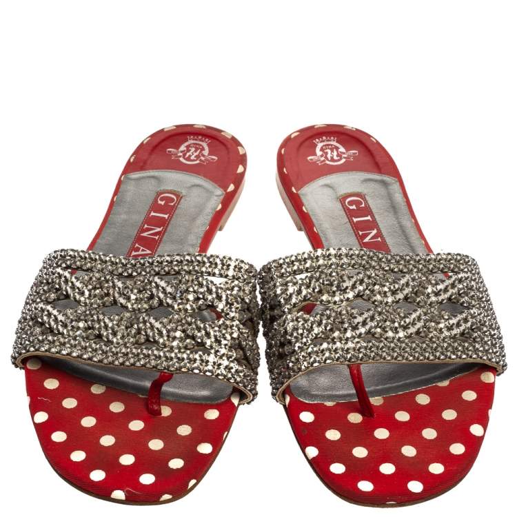 Pre Owned Gina Red Crystal Embellished Flats Sandals Size 38.5