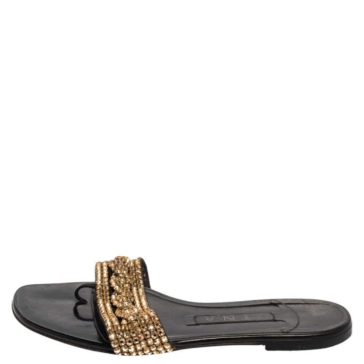Pre Owned Gina Black/Gold Crystal Embellished Thong Flat Sandals Size 39.5