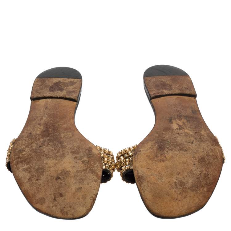 Pre Owned Gina Black/Gold Crystal Embellished Thong Flat Sandals Size 39.5