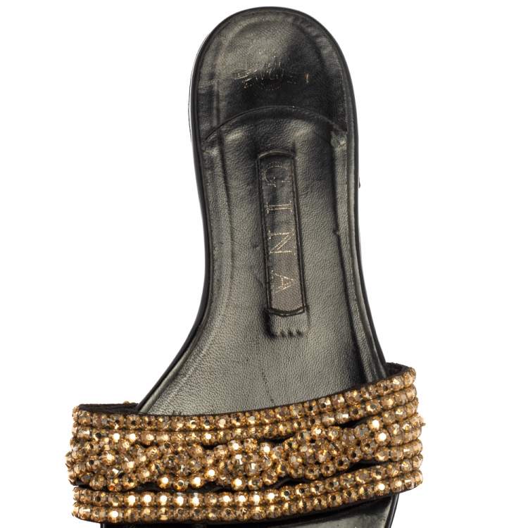Pre Owned Gina Black/Gold Crystal Embellished Thong Flat Sandals Size 39.5