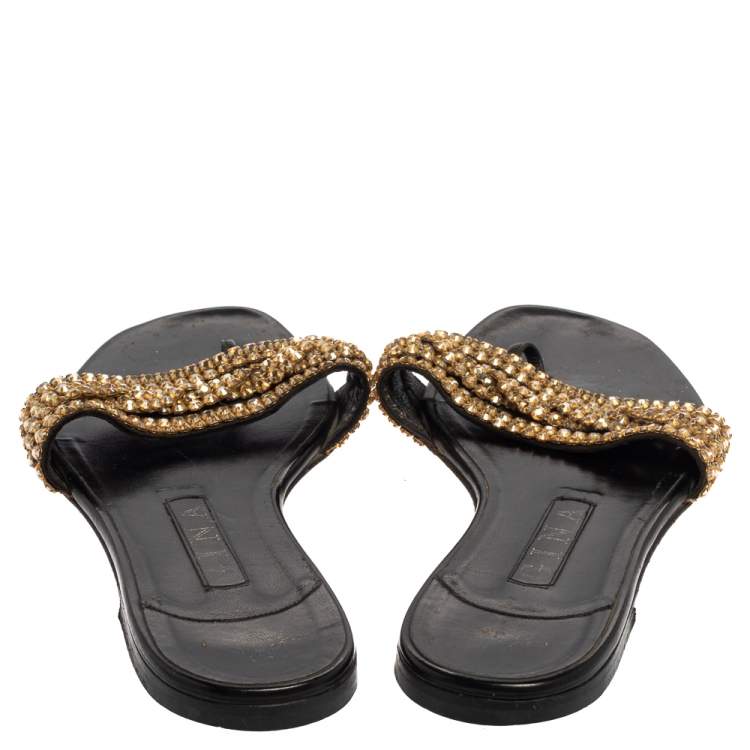 Pre Owned Gina Black/Gold Crystal Embellished Thong Flat Sandals Size 39.5