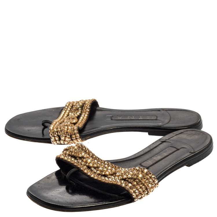 Pre Owned Gina Black/Gold Crystal Embellished Thong Flat Sandals Size 39.5