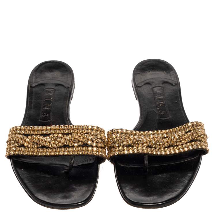 Pre Owned Gina Black/Gold Crystal Embellished Thong Flat Sandals Size 39.5