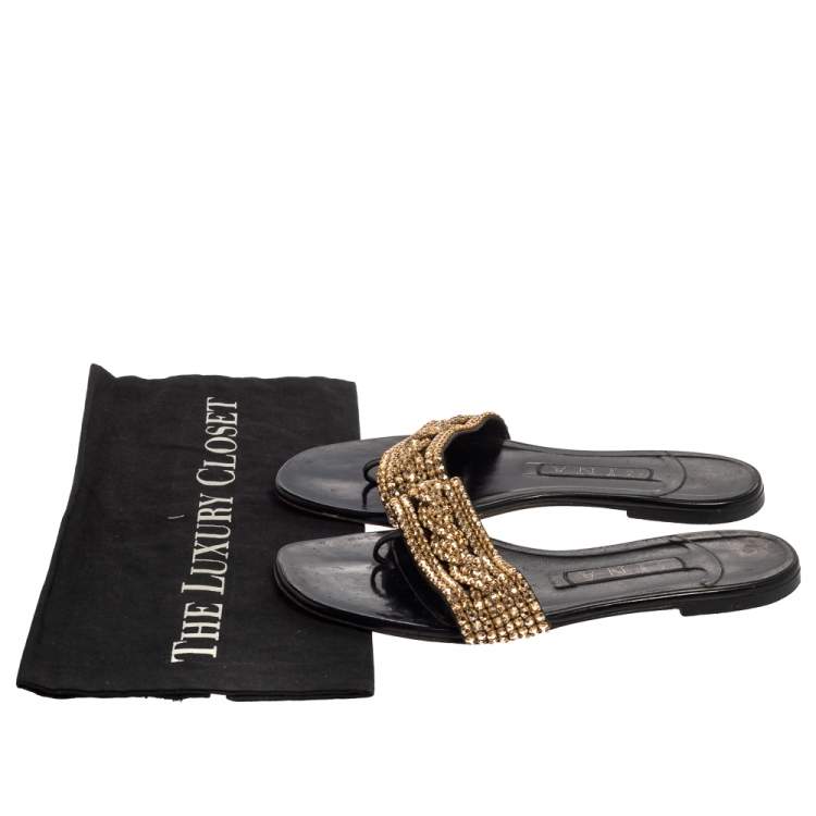 Pre Owned Gina Black/Gold Crystal Embellished Thong Flat Sandals Size 39.5