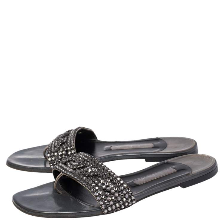 Pre Owned Gina Grey Leather Crystal Embellished Slide Flats Size 38.5