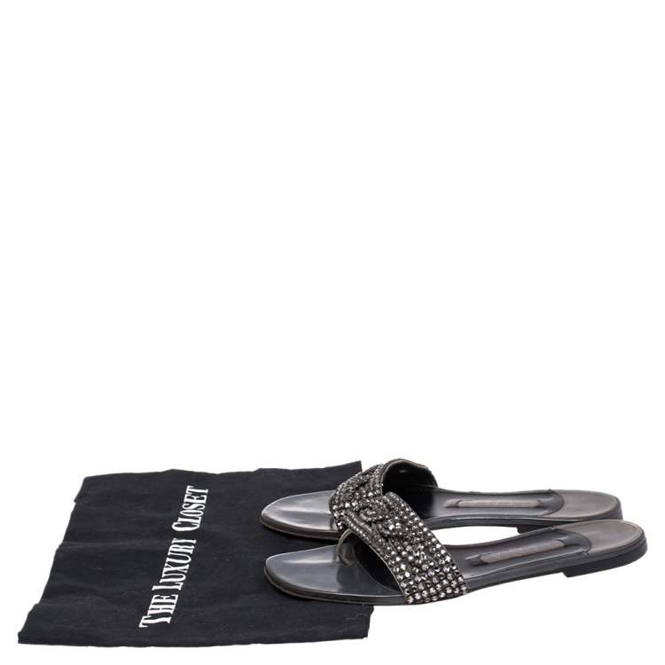 Pre Owned Gina Grey Leather Crystal Embellished Slide Flats Size 38.5