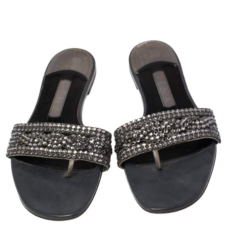Pre Owned Gina Grey Leather Crystal Embellished Slide Flats Size 38.5