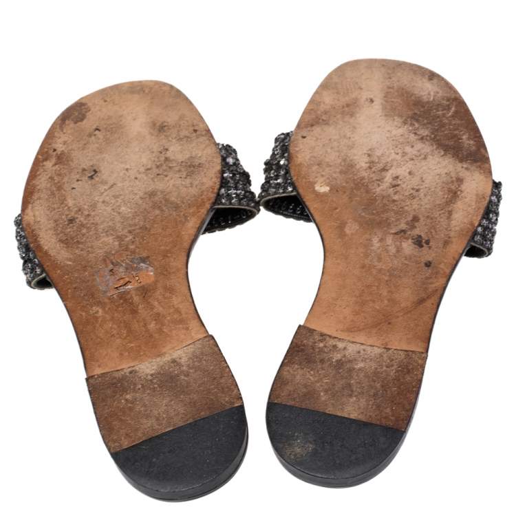 Pre Owned Gina Grey Leather Crystal Embellished Slide Flats Size 38.5