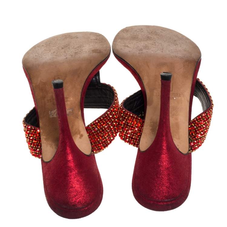 Pre Owned Gina Red Leather Crystal Thong Sandals Size 40