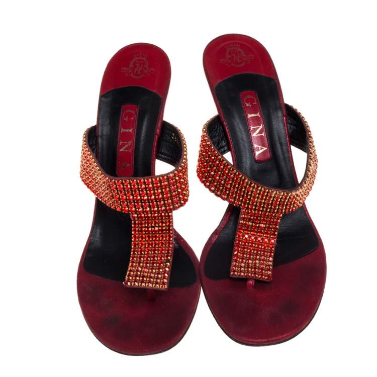 Pre Owned Gina Red Leather Crystal Thong Sandals Size 40